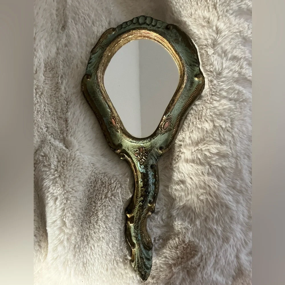 Vintage Florentine style Hand Carved Hand Mirror